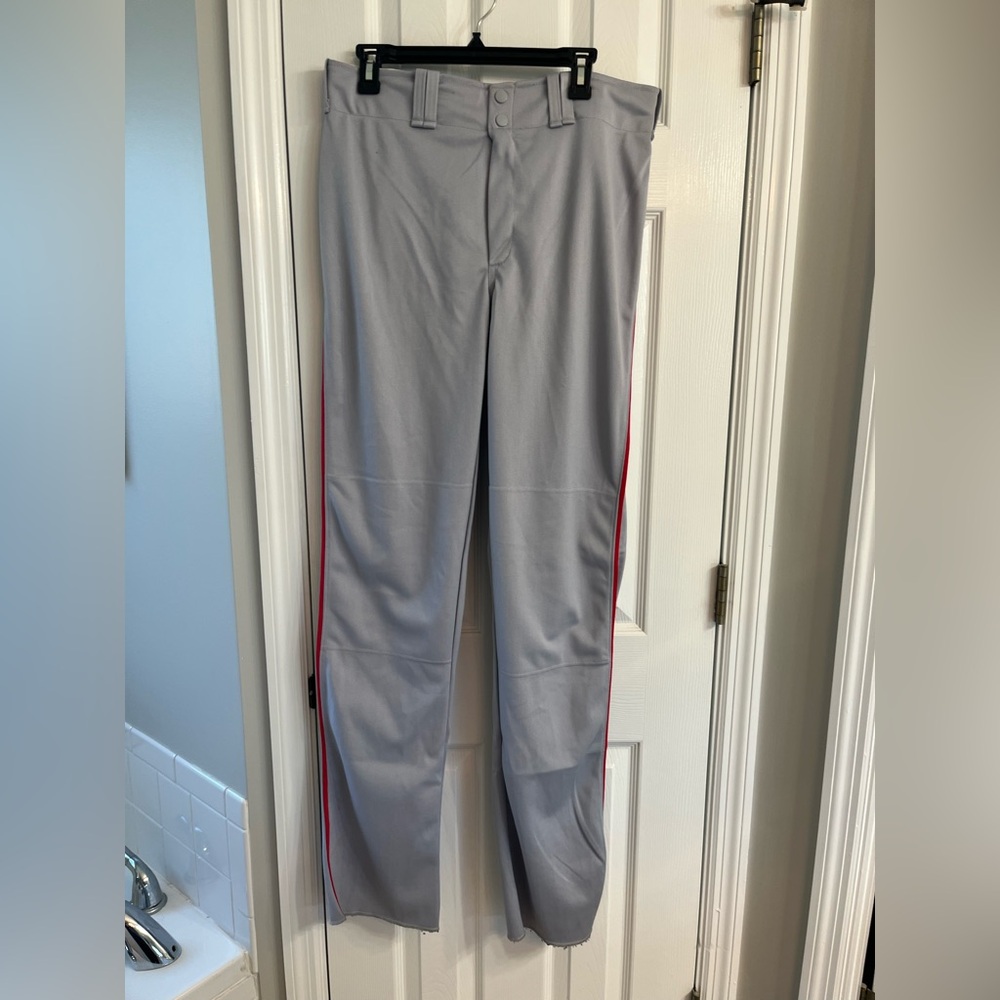 Nike baseball pants, size L, unhemmed, gray with red piping, NWT, 100% polyester